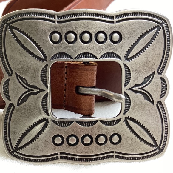 Vintage Brown Leather Belt Women's Solid Large Buckle, Double Layer Harness Belt - Picture 7 of 8